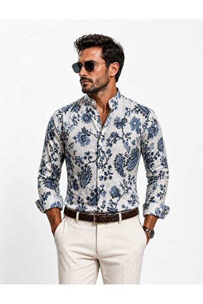 ANATOLIATEKSTILE Men's Shirt Italian Linen Premium Floral Luxury Summer Shirt...
