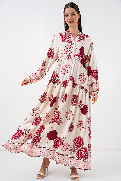 Merterium Women's Patterned Long Hijab Dress 1155 - Burgundy 1