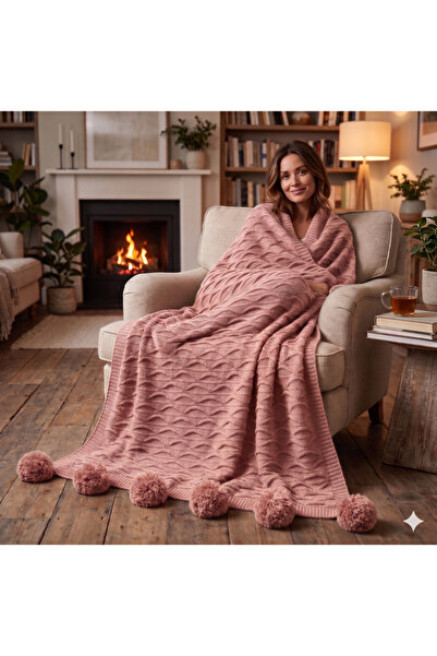 DOUX HOME Özlem Knitwear Braided Tv Blanket with 10 Pompons 130 X 170