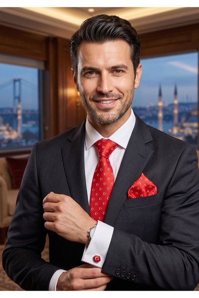Exve Exclusive Set cadou cu 4 piese: cravată cu steagul turcesc, butoni și ba...