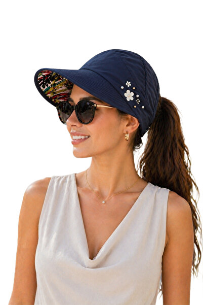 HatClub Exclusive Kadın Lacivert Vizör Şapka Çiçek Detaylı Ayarlanabilir Yapı...