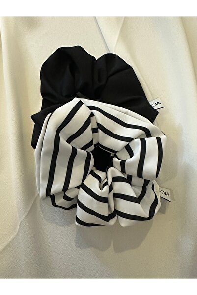 OIA Atelier Basic Classic Striped White and Black 2-Piece Scrunchie Rubber Ha...