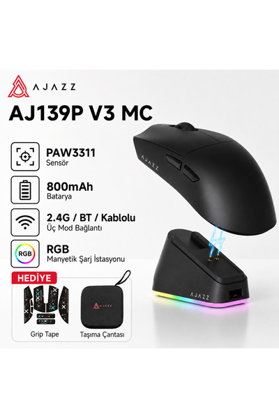 Ajazz Aj139P V3 MC Kablosuz Oyuncu Mouse-800 Mah Batarya RGB Şarj İstasyonu Ç...
