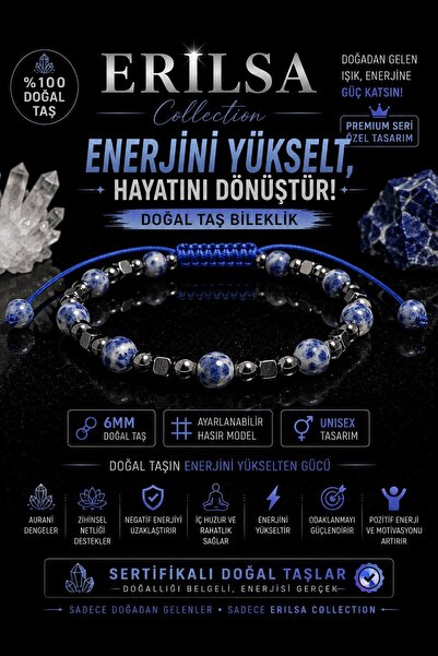 Erilsa Certified Sodalite Terahertz Natural Stone Bracelet 6 mm Adjustable Un...