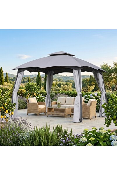KÜSKÜ 300x300 Gazebo Çardak Bahçe Çadırı Perdeli Metal Kamelya Gölgelik Parti...