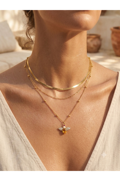 PABALAS 3-Piece Women's Steel Necklace Set Gold Color Tarnish Resistant Layer...