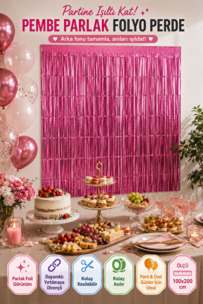 OpenCity Pembe Folyo Parti Perdesi 100x200 cm Doğum Günü Baby Shower Arka Fon...