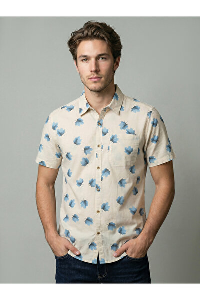 SNX By Styli Men Beige Leaf Print Short Sleeve Shirt