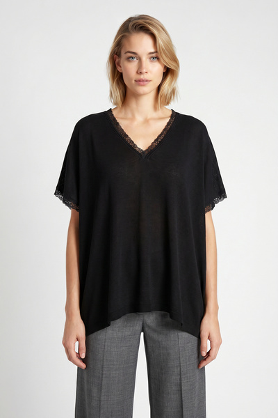 Lovelyİstanbul Dantelli Oversize Mevsimlik Triko Bluz LYY0145 SİYAH