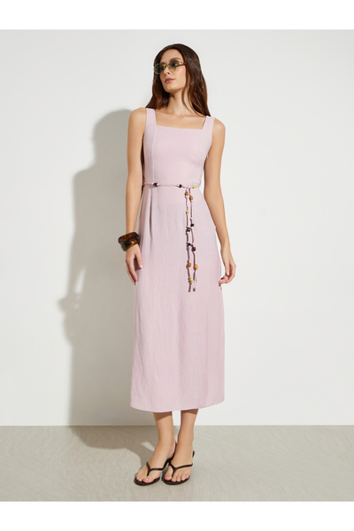 Styli Pink Square Neck Midi Dress with Beaded Tie-Waist