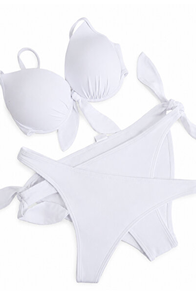 Nobrand Women's white 3-piece Push-Up swimsuit with Brazilian briefs and thong