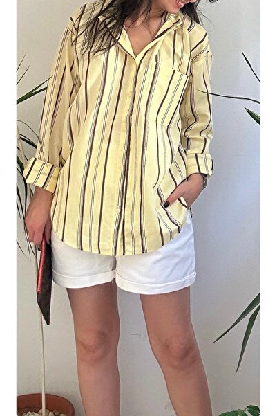LaSorella Butik KADIN SARI ÇİZGİLİ GÖMLEK