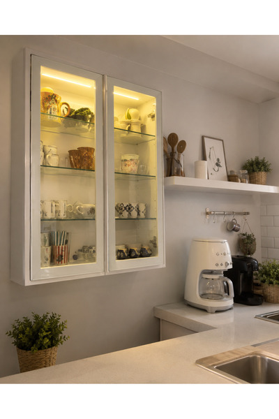xhomedekor 80 x 65x20 kahve köşesi koleksiyonluk cam kapak led ışıklı cam raflı
