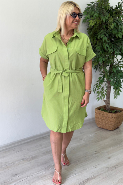 By Esra Celkan Green Belt Detailed Short Shirt Dress
