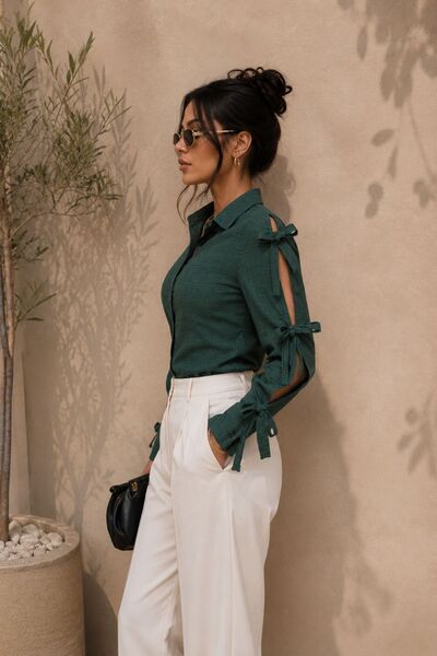 armonika Women's Dark Green Shirt with Slit Sleeves and Lace Detail Arm-26Y001058