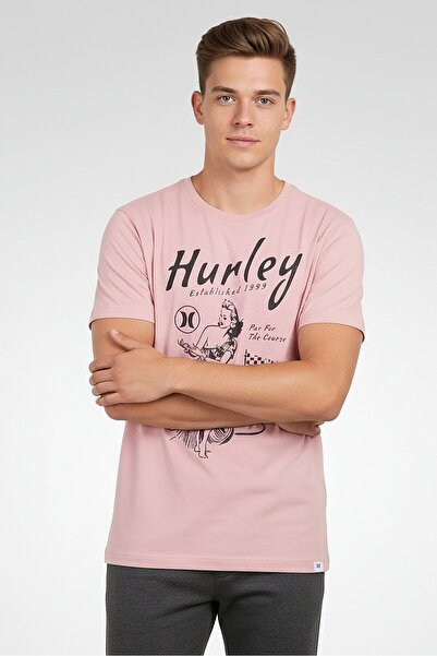 Hurley Men Crew Neck Short Sleeve Graphic Print T-Shirt, Pink