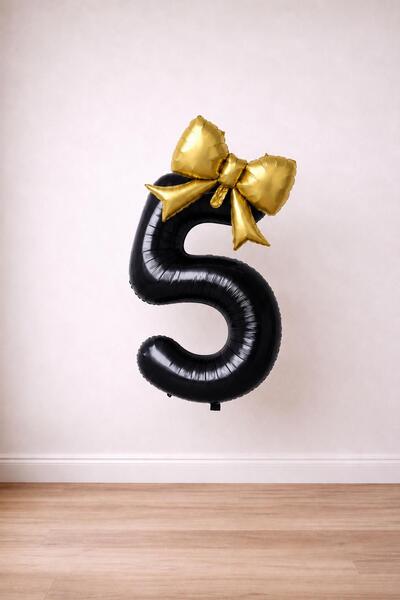 Patladı Gitti Gold Bow & Black 5 Number Foil Balloon Set