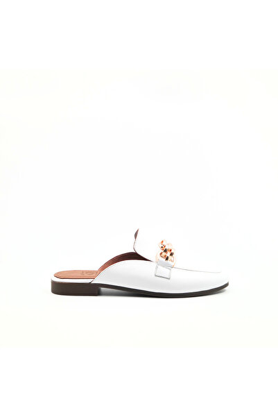 Folle White Genuine Leather Women's Loafer Slippers with Gold Chain Detail Ca...
