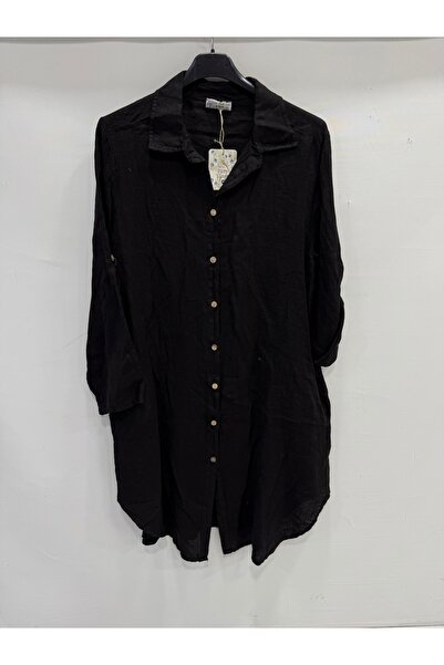 della moor Black Italian Folded Long Sleeve Linen Tunic Shirt Dress 38 - 42 Size