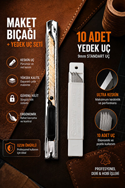 Claw Metal Küçük Maket Bıçağı + 10 Adet Yedek Uç Seti 9mm – Sürgülü Kilitli K...