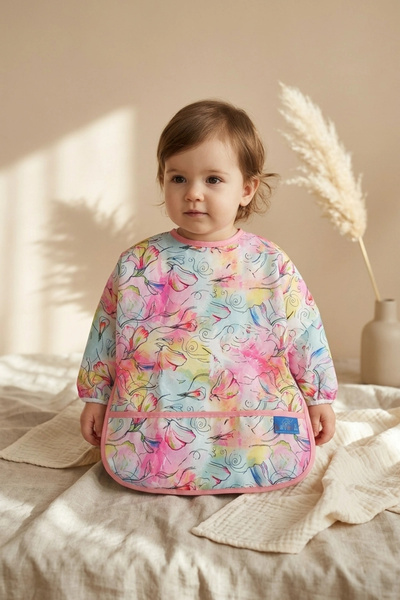 Bebechi Flora Watercolor Patterned Long Sleeve Liquid-Proof Baby Food and Activity Bib - Blw Compatible Artist Ö
