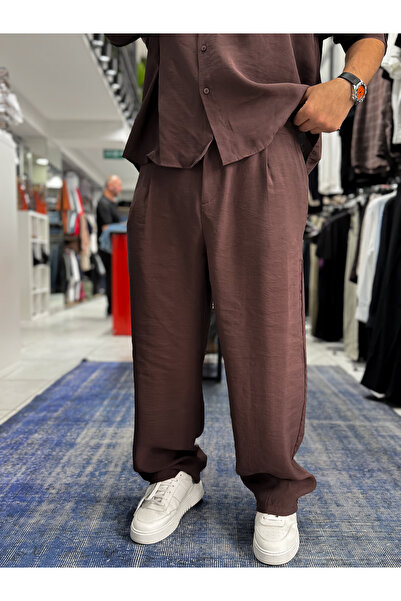 BYBASICMAN Smeđe plisirane široke pantalone od tencela TW-1177