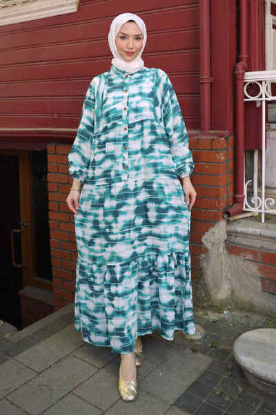 İmajButik Green Half Buttoned Sleeves Elasticized Batik Patterned Viscose Dress