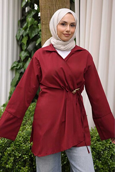 İmajButik كيمونو برباط أمامي باللون الأحمر الداكن مع تفاصيل برونزية