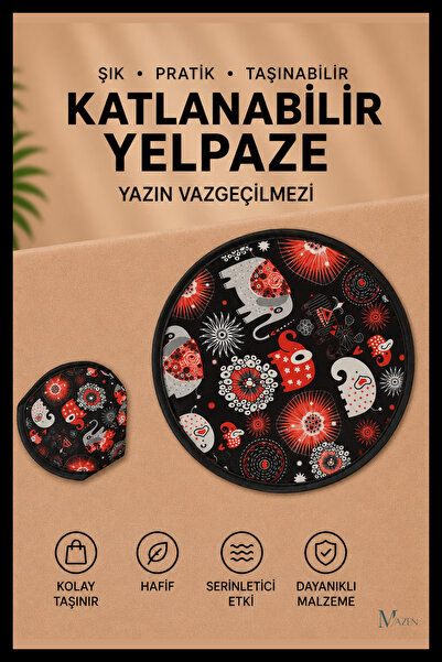 MAZEN Siyah-Gri Fil Desen Katlanabilir Yuvarlak Yazlık Taşınabilir El Yelpazesi