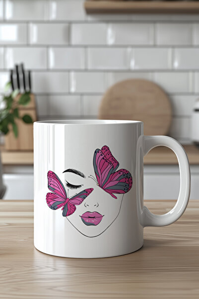 Mio Life 330ml Printed White Ceramic Mug with Pink Detail and Female Figure