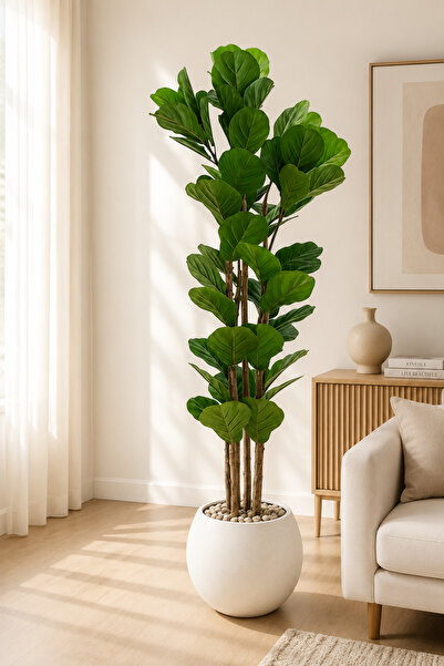 TrentonGCC Artificial Fiddle Leaf Fig Plant in Modern Round Pot – Premium Ind...