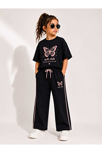 ufk kids kız çocuk kelebek baskılı oversize yazlık takım
