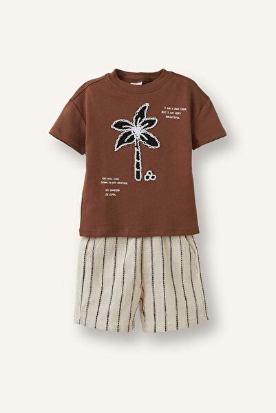 DeFacto Crew Neck Printed T-Shirt Striped Shorts 2-Piece Set Baby Boy H7633A5...