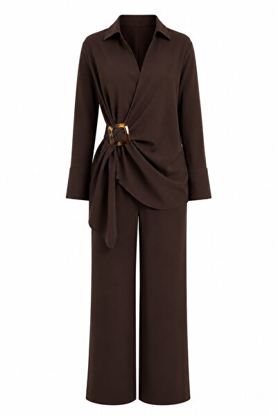 HAZELANNA Set cămașă și pantaloni cu design cu cataramă, din in, maro
