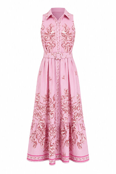 HAZELANNA Belted Pink Linen Shirt Dress