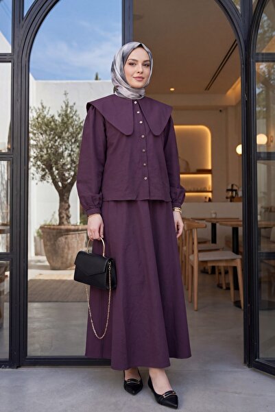 Modamorfo Sailor Collar, Elastic Waist, Buttoned Skirt, Cupra Suit - Plum