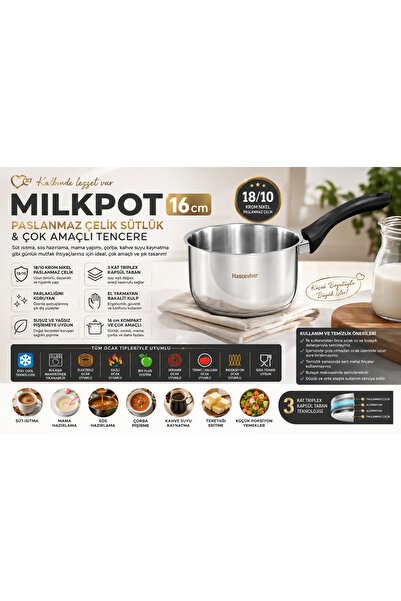 Hascevher Milkpot 16 cm Stainless Steel Milk Pot Sauce Pot Food and Soup Pot ...