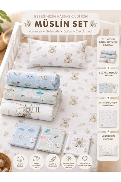 KRN MODA 3 lü Müslin Örtü,3 lü 25x25 ağız mendili,100x150 cm lastiksiz çarşaf...