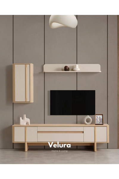 Velura Home & Living Eylül Tv Ünitesi - Naturel Meşe ve Krem (Alt Blok + Üst ...