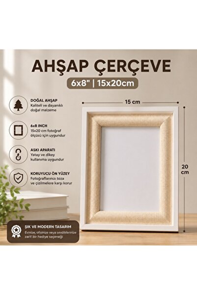 Hazal AHŞAP RESİM ÇERÇEVESİ AYAKLI VE DUVARA ASMALI KREM 15*20