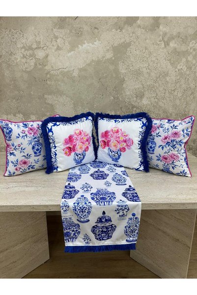 adenkahome Blue Blanc Series, Suede 5-Piece Combination Cushion Cover and Runner Set (Ribbed and Fringed)