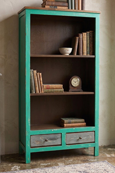AdnDesing Vintage Ahşap Kitaplık Retro Çok Amaçlı Salon Dolabı Masif Raflı Ki...