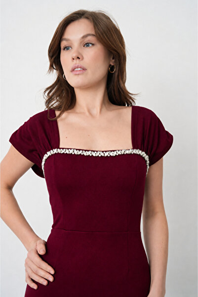 WOMAN VISION Rochie creion midi din țesătură crep burgundy, cu guler pătrat, ...