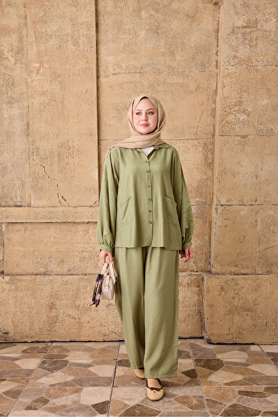 LOCCO Women's Double Pocket Buttoned Wrinkled Shirt Suit Khaki Green