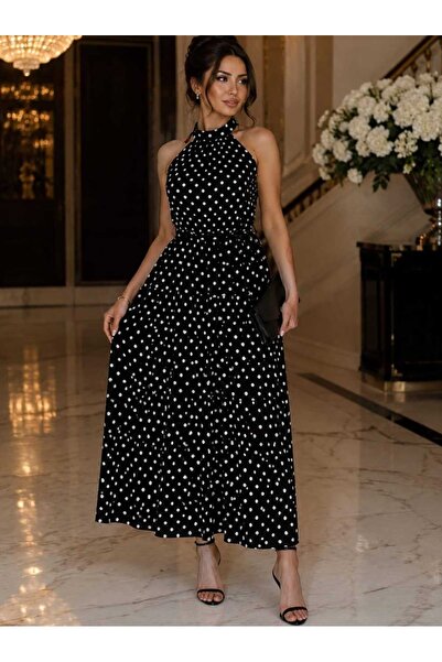 Budan Export Rochie maxi din viscoză, neagră, cu buline, cu guler halter, cu ...