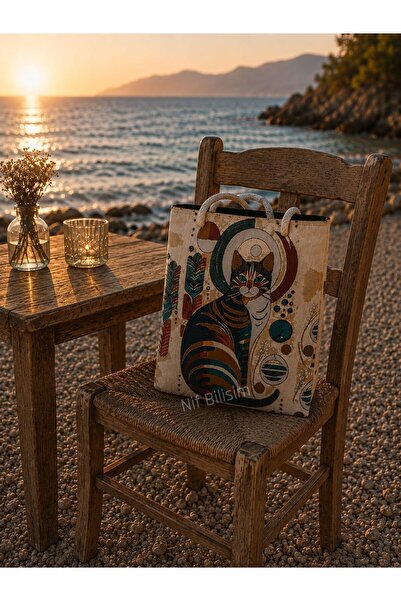 Nif Bilişim Cat Figured Beach Bag Colorful Printed Patterned Fabric Large Size Stylish Sea Picnic Bag Shoulder Fabric Bag with Zipper Interior Pocket
