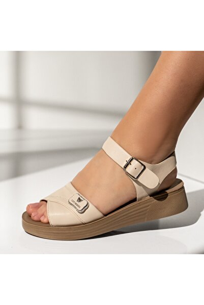 Modlet.ro Women's beige flat sandals with strap MOD14339