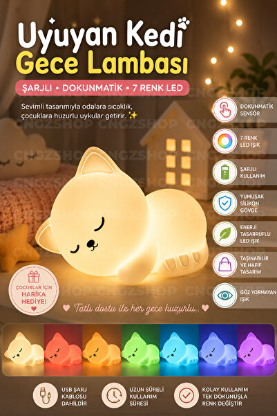 CNGZSHOP Uyuyan Kedi Gece Lambası Şarjlı Dokunmatik 7 Renk LED Silikon Çocuk Odası Gece Lambası USB Şarjlı