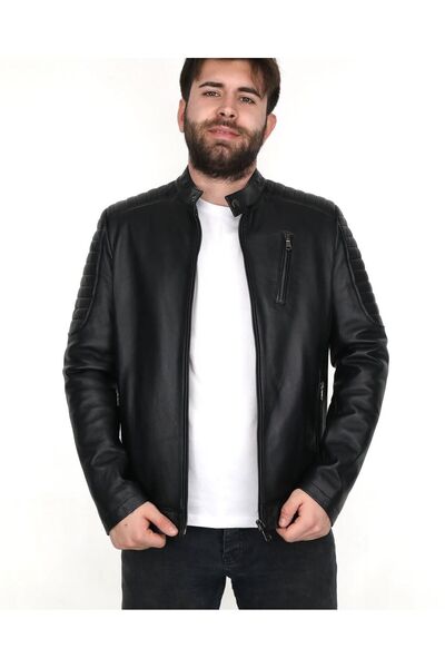 EGE DERİ 100% Genuine Lambskin Puntolled Men's Black Coat with Stylish Collar