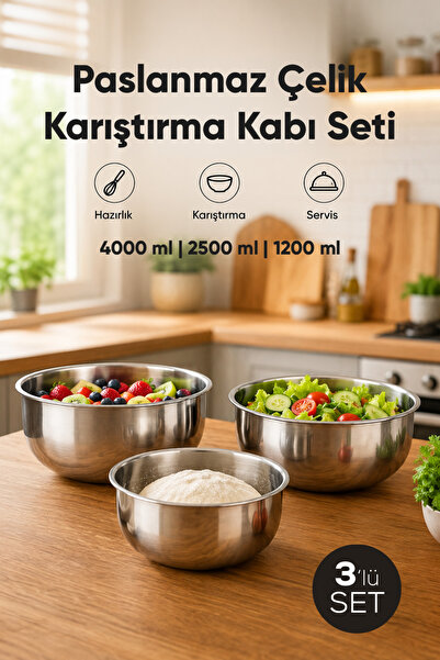 Vienev 3'lü Paslanmaz Çelik Karıştırma Kabı Seti - 1200-2500-4000 ml Metal Ka...